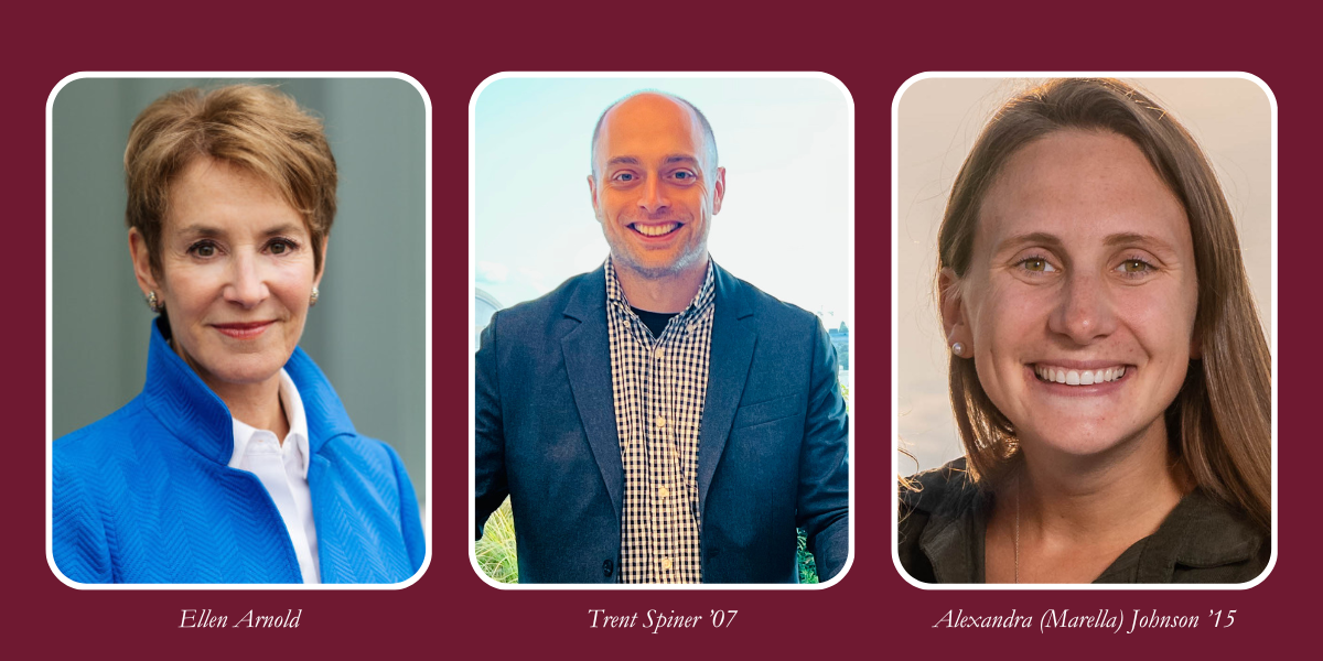 Ellen Arnold, Trent Spiner ’07, and Alexandra (Marella) Johnson ’15 head shots
