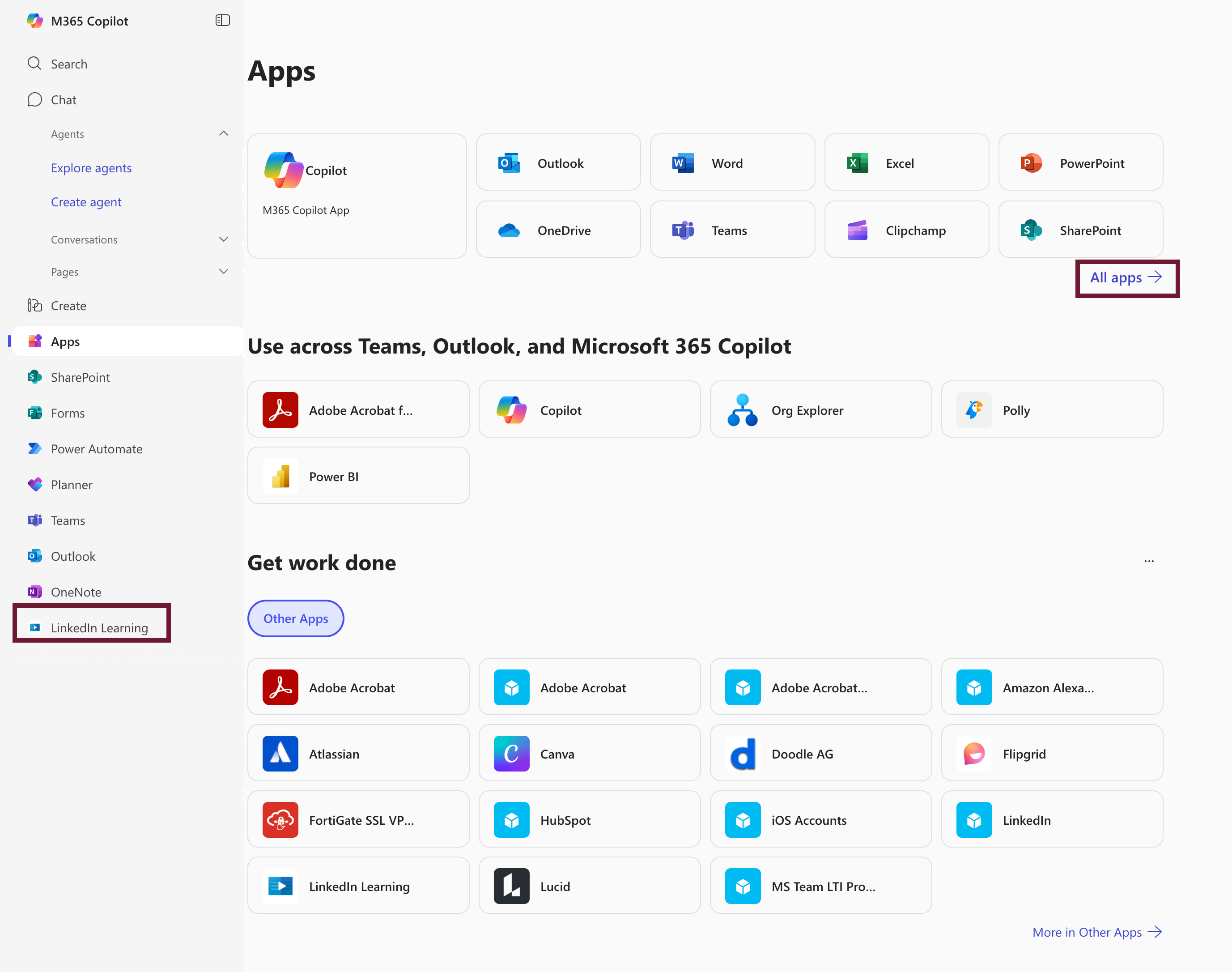 image of Office 365 apps dashboard showing LinkedIn Learning