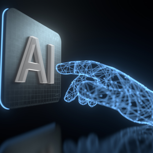 image of artificial hand touching a button with ai on it
